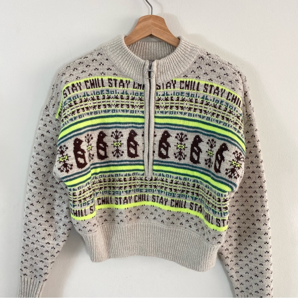 Urban Outfitters BDG Jesse Half-Zip Sweater Tan Brown and Neon Green - XS - Picture 10 of 16